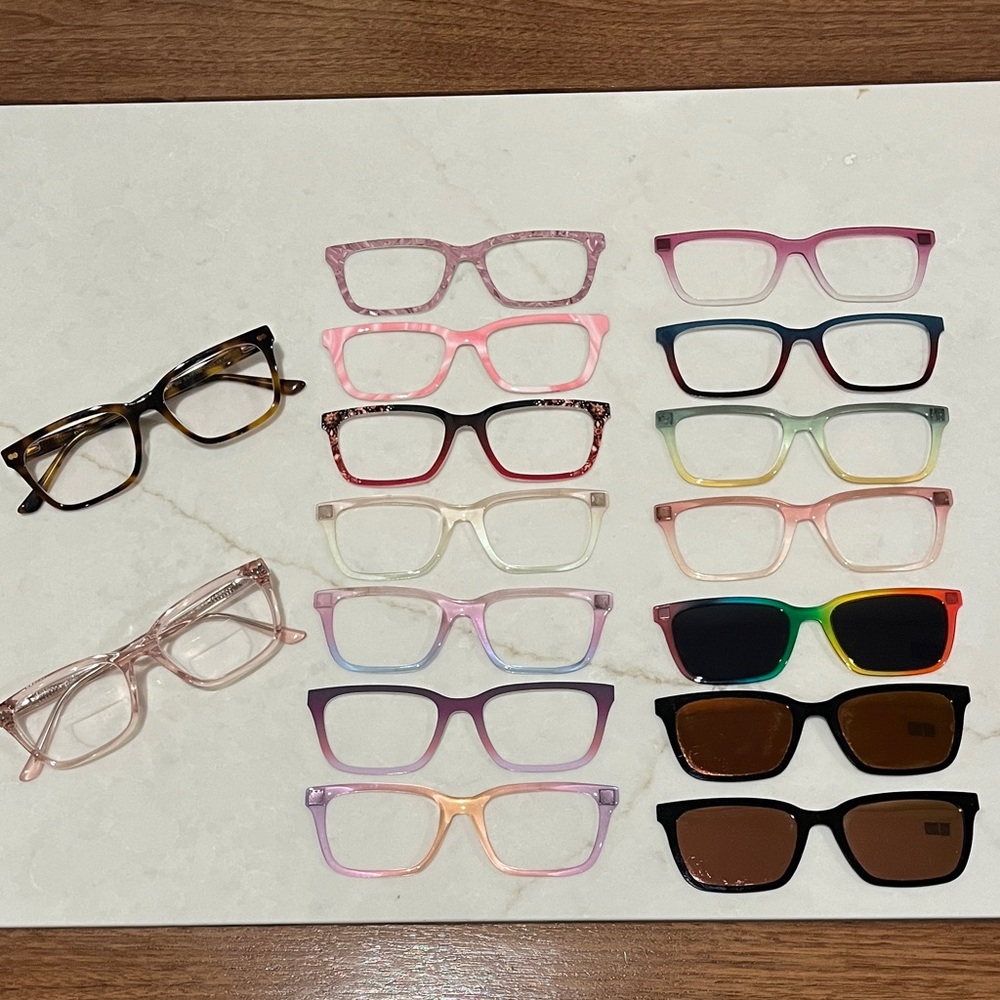 SOLD AS COMPLETE SET: 2 Larkin Pair eyewear frames and 14 toppers
